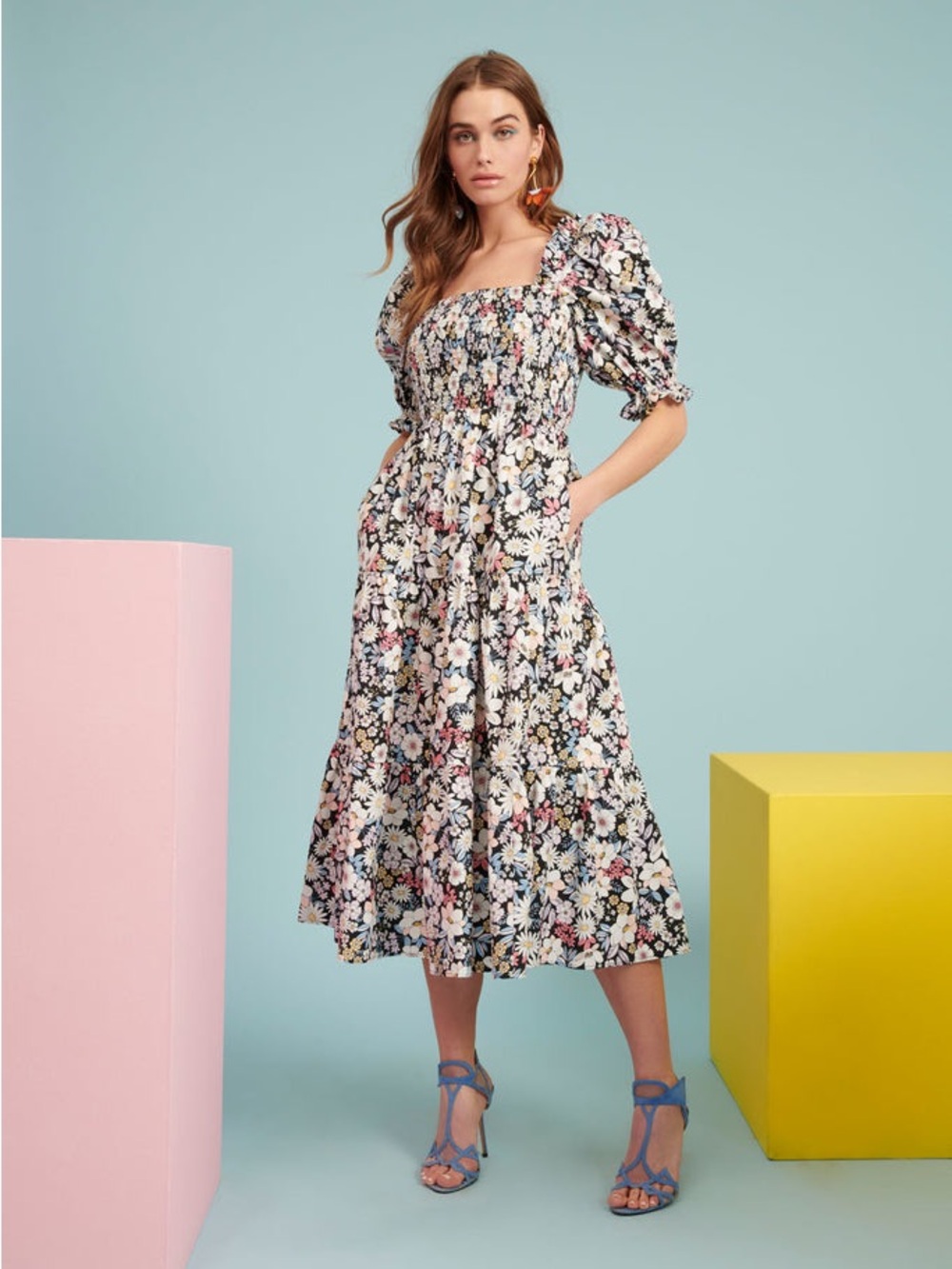 Rachel Parcell Cotton Retro Floral Tiered Square Neck Puff Sleeve Midi Dress XL